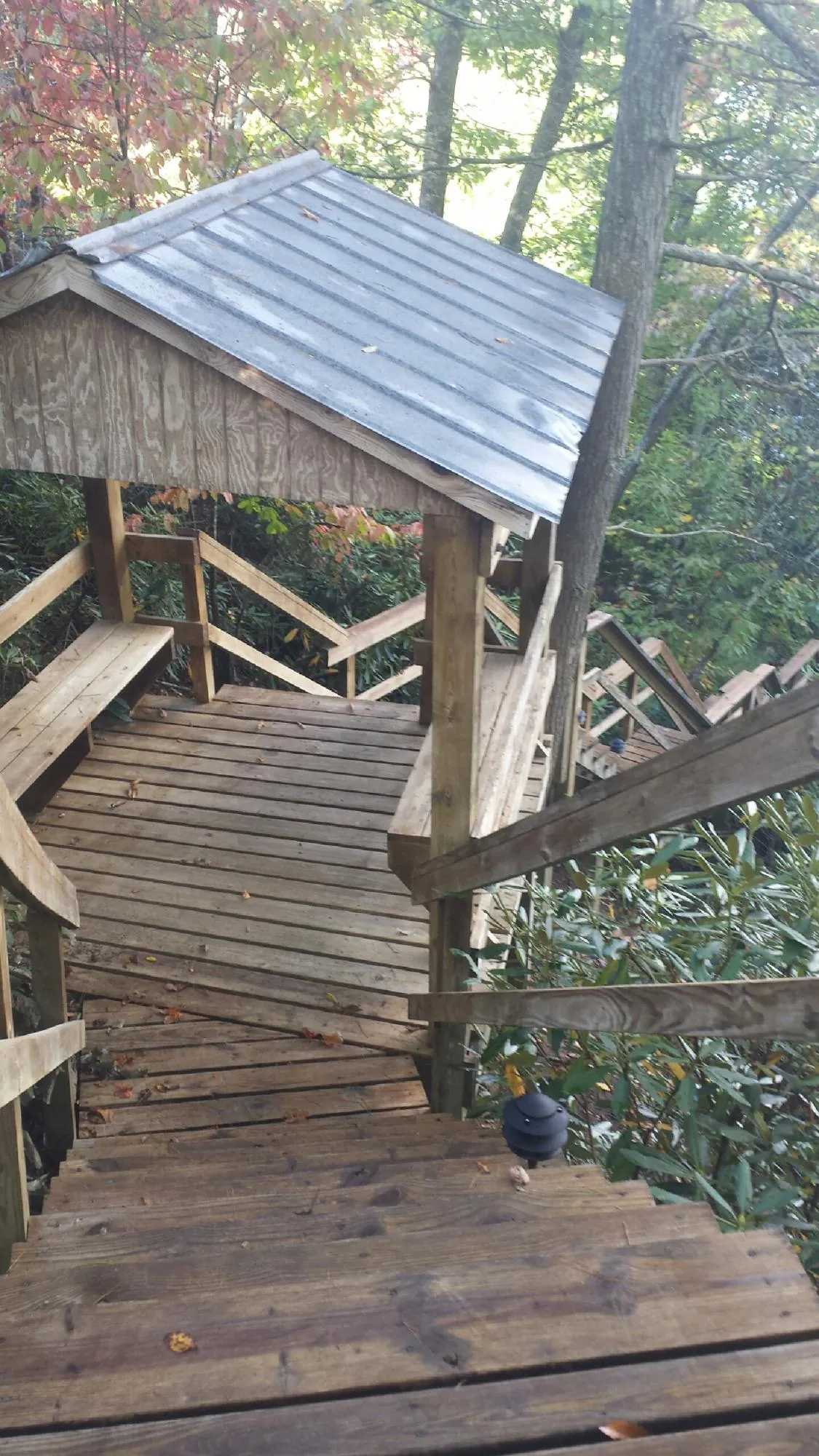 Metal roofed shelter over wooden steps on a wooded walkway — Skylight Repair & Installation work by our crew in Pardeeville